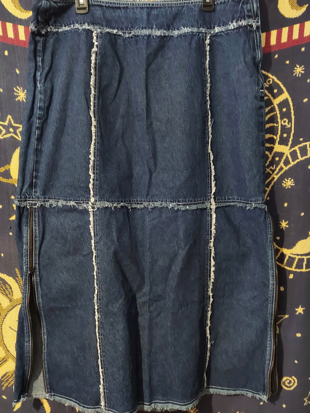 Vintage Denim Patchwork Frayed Jeans Skirt - Dark Blue